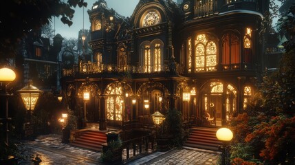 Fototapeta premium An opulent Victorian manor house with elaborate architectural features glows at night