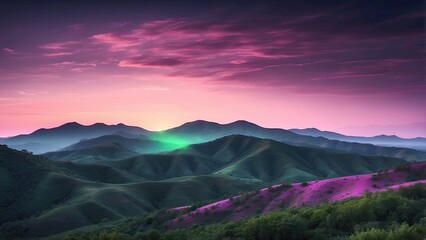 Obraz premium A vibrant, digitally-created landscape of gently rolling hills is illuminated by countless small orange lights