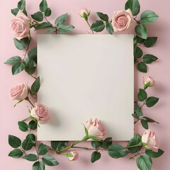 A blank square surrounded by pink roses and green leaves on a soft pink background.