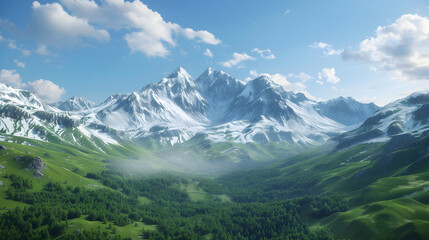 Obraz premium A breathtaking mountain landscape with snow-capped peaks and lush green valleys.