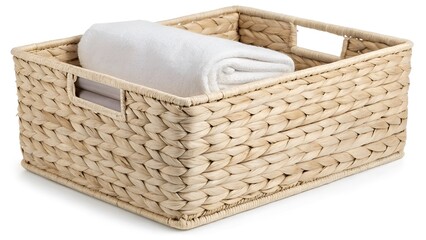 Obraz premium Decorative Woven Basket for Bedroom Storage, Isolated on a White Background, perfect for decluttering and enhancing interior decor, Clean and Modern Home Organization Stock Image