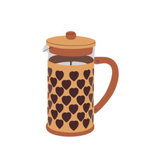 French press, glass coffee pot. Cafetiere, coffeemaker with piston. Kitchen device, frenchpress for making, brewing coffee drink, tea beverage. Flat vector illustration isolated on white background