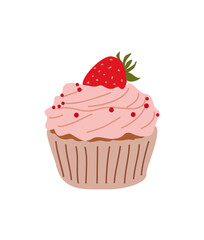 Cupcake decorated with whipped cream and strawberry. Sweet muffin in paper cup. Baked dessert, sugar snack, small cake. Bakery. Flat vector illustration isolated on white background