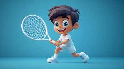 Exciting tennis action young player competing sports arena animated illustration fun environment dynamic viewpoint