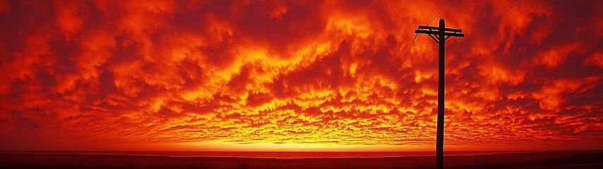 Naklejka premium Fiery sunset and power pole against a dramatic colorful sky