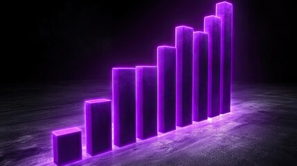 Glowing purple bars form upward graph on the dark surface, in a studio for presentations