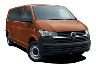 Modern European passenger minibus, front side view isolated on white background in png format, brown color.