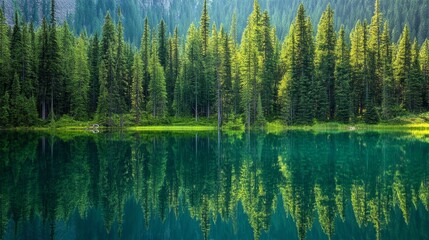 Obraz premium Serene Lake Surrounded by Lush Green Pine Forest Reflections