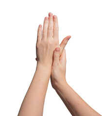 Obraz premium Hand with neat, polished nails, demonstrating manicure care. Healthy, shiny, and glossy skin. Feminine, elegant, delicate, soft touch, reflecting beauty and wellness. Closeup, well-groomed, clean..