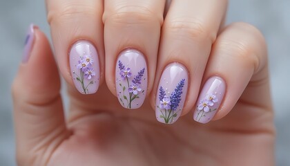 Fingernails Displaying Floral Nail Art of Lavender and Daisy Flowers