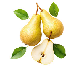 Fresh and juicy pears with green leaves