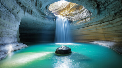 Naklejka premium A breathtaking cavern filled with an iridescent turquoise pool, fed by a mesmerizing waterfall.