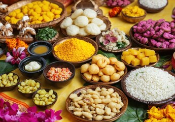 Vibrant Celebration of Indian Festival Feast with Assorted Traditional Sweets, Snacks, and Colorful Ingredients on Decorative Table Setting