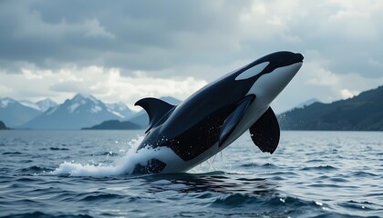 Obraz premium Killer Whale Jumping Out of Water in Scenic Mountain Landscape