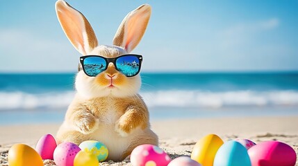 Easter Bunny Wearing Sunglasses Relaxing on Tropical Beach with Colorful Eggs Under Palm Tree. Summer Holiday Concept for Festive Social Media Posts, Travel Agency Promotions, or Seasonal Product Bran