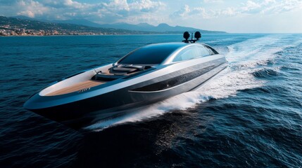 Fototapeta premium Sleek Modern Yacht Cruising Through Serene Ocean Waves at Sunset
