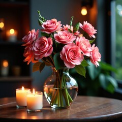Beautiful flowers in a elegant vase with candles, elegant vase, beautiful flowers © Prayoon