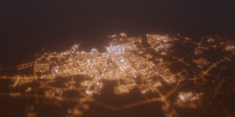 Street lights map of Doha (Qatar) with tilt-shift effect, view from west. Imitation of macro shot with blurred background. 3d render, selective focus
