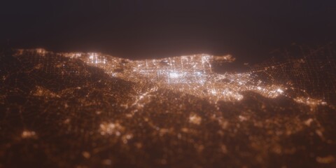 Street lights map of Adelaide (Australia) with tilt-shift effect, view from east. Imitation of macro shot with blurred background. 3d render, selective focus