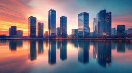 Fototapeta premium Urban Skyline at Sunset with Reflective Water Below