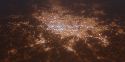 Obraz premium Street lights map of Belo Horizonte (Brazil) with tilt-shift effect, view from east. Imitation of macro shot with blurred background. 3d render, selective focus