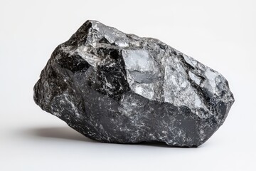 A single black rock specimen displayed against a white background