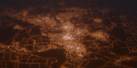 Street lights map of Kryvyi Rih (Ukraine) with tilt-shift effect, view from west. Imitation of macro shot with blurred background. 3d render, selective focus