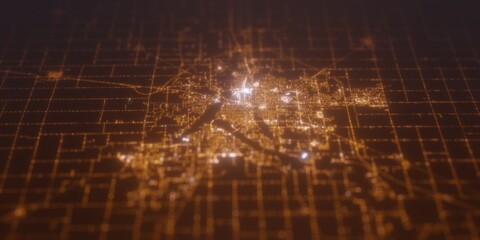 Street lights map of Decatur (Illinois, USA) with tilt-shift effect, view from east. Imitation of macro shot with blurred background. 3d render, selective focus