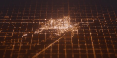 Street lights map of Grand Forks (North Dakota, USA) with tilt-shift effect, view from east. Imitation of macro shot with blurred background. 3d render, selective focus