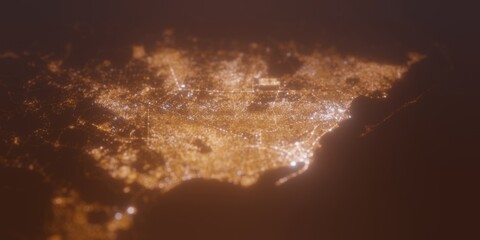 Street lights map of Luanda (Angola) with tilt-shift effect, view from north. Imitation of macro shot with blurred background. 3d render, selective focus