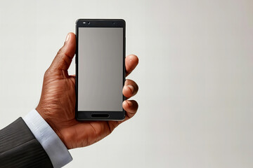 Man holding a cell phone with blank screen from a high angle view on white background with space for text.