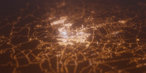 Street lights map of Meknes (Morocco) with tilt-shift effect, view from west. Imitation of macro shot with blurred background. 3d render, selective focus