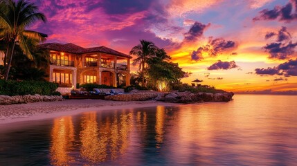 Fototapeta premium Luxury villa at sunset by the sea with vibrant colors and palm trees