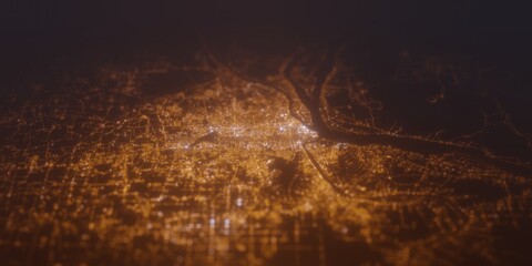 Street lights map of Phnom Penh (Cambodia) with tilt-shift effect, view from south. Imitation of macro shot with blurred background. 3d render, selective focus