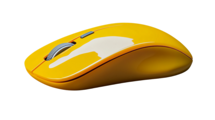 Bright yellow computer mouse on black background, perfect for tech and office designs. Eye-catching and modern, ideal for digital and print use. High-quality 3D illustration showcasing vibrant design.
