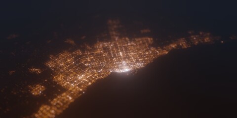 Street lights map of Toronto (Canada) with tilt-shift effect, view from south. Imitation of macro shot with blurred background. 3d render, selective focus