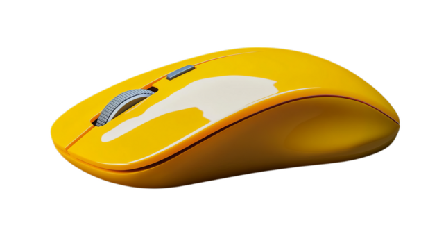 Bright yellow computer mouse on black background, perfect for tech and office designs. Eye-catching and modern, ideal for digital and print use. High-quality 3D illustration showcasing vibrant design.