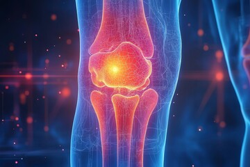 Digital Artwork Showing Human Knee Anatomy with Emphasis on Joint Structure and Pain Indicators in a Colorful 3D Representation of Human Physiology and Health Science