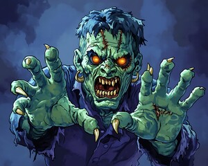 A menacing green monster with glowing eyes and extended hands