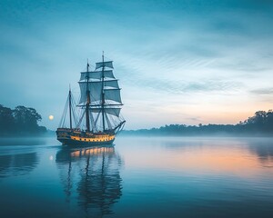 Fototapeta premium Sailing Ship at Dawn for Misty River.