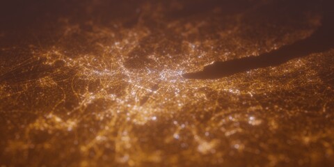 Street lights map of Zurich (Switzerland) with tilt-shift effect, view from west. Imitation of macro shot with blurred background. 3d render, selective focus