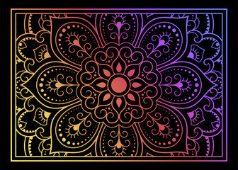Color decorative panel with circular pattern in form of mandala with flower for decoration or print. Decorative ornament in ethnic oriental style. Rainbow design on black background.