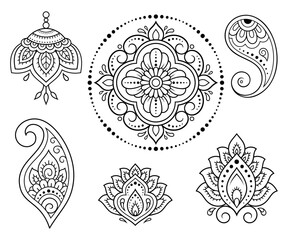 Set of Mehndi flower pattern for Henna drawing and tattoo. Decoration in ethnic oriental, Indian style. Doodle ornament. Outline hand draw vector illustration.