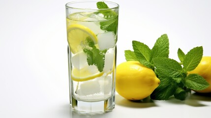 Refreshing Lemonade with Mint Leaves and Ice Cubes in a Transparent Glass, Perfect for Hot Summer Days, Drink Recipes, and Hot Weather Enjoyment