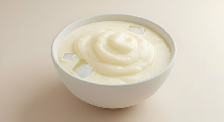 Creamy Dessert In White Bowl With Ice Cubes