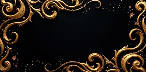 Black banner with golden swirly patterns, Winter decoration, snowflake pattern