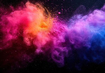 Obraz premium Vibrant Color Explosion of Pink, Purple, Orange, and Blue Powder Smoke on Black Background Creating Dramatic Visual Effects for Art and Design Projects