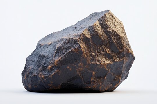 A single dark textured rock sitting against a white background