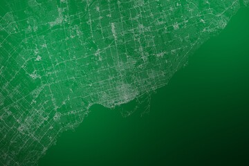 Map of the streets of Toronto (Canada) made with white lines on abstract green background lit by two lights. Top view. 3d render, illustration
