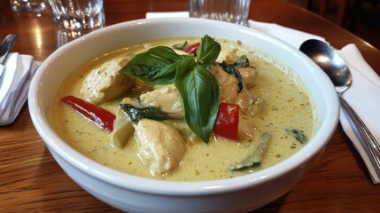 A creamy bowl of Thai green curry with tender chicken, aromatic spices, and Thai basil, served hot on a wooden dining table.